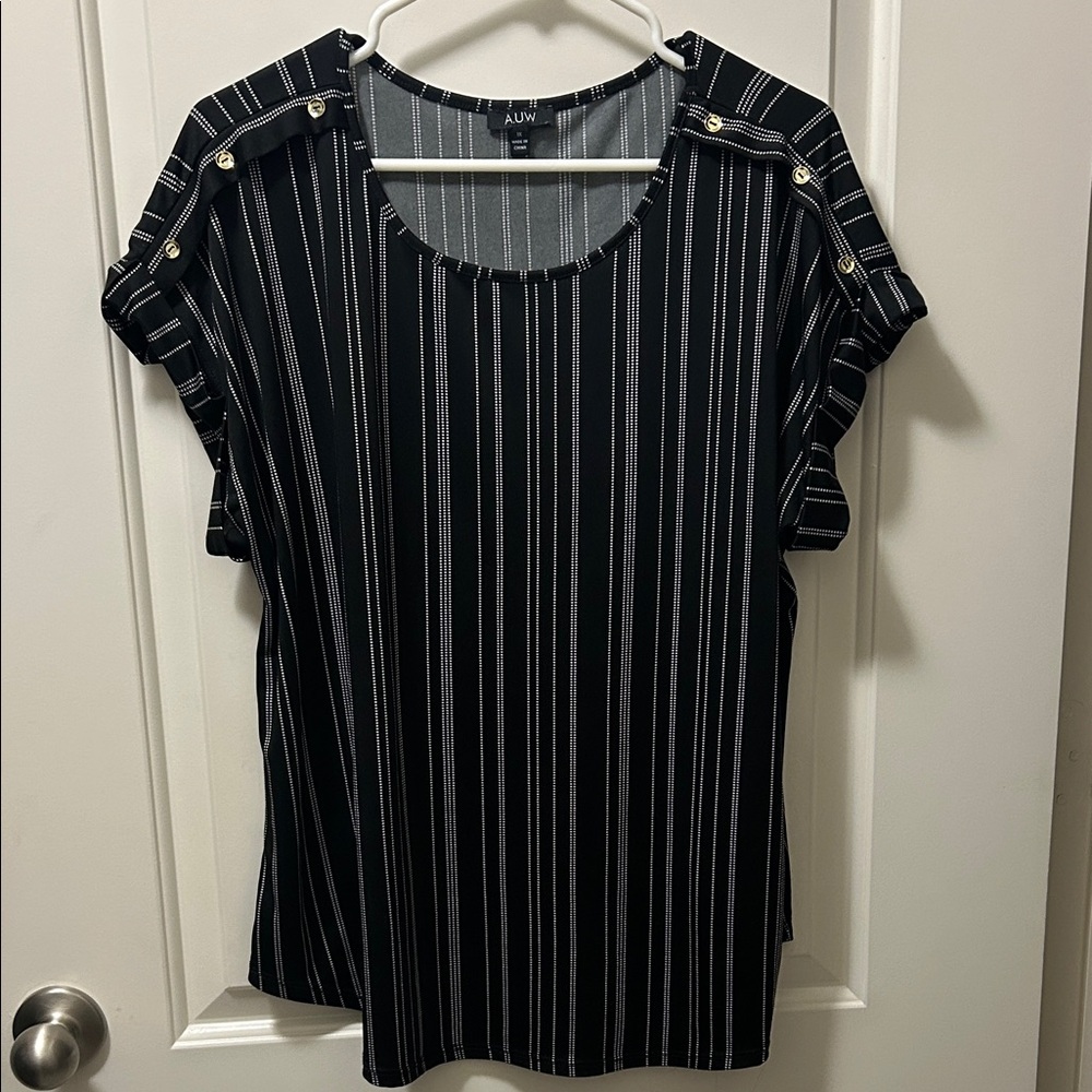 Alyx Black and White Striped Blouse with Button Accents